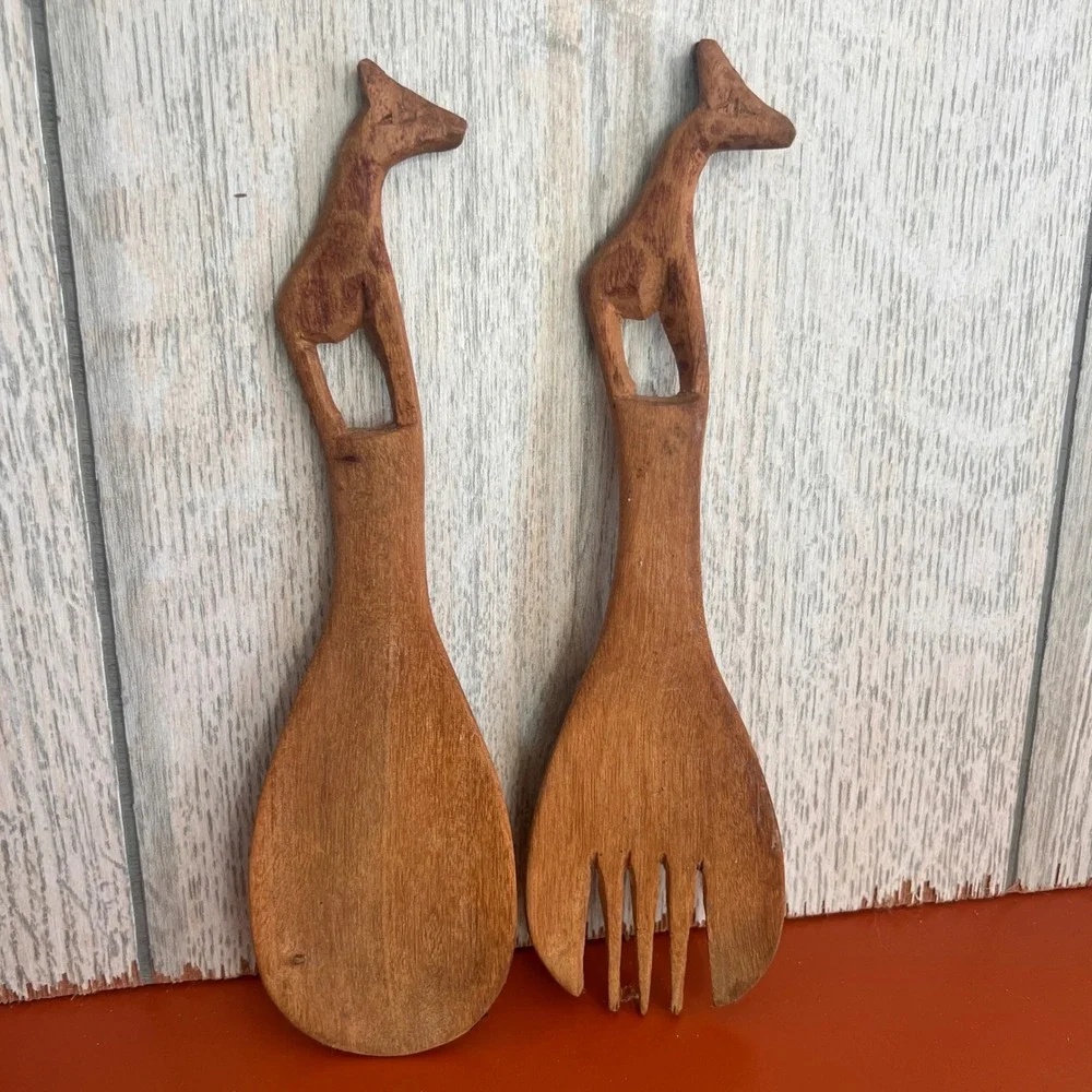 Hand Carved Wooden Giraffe Salad Servers Set 2 Piece Boho African Style Utensils